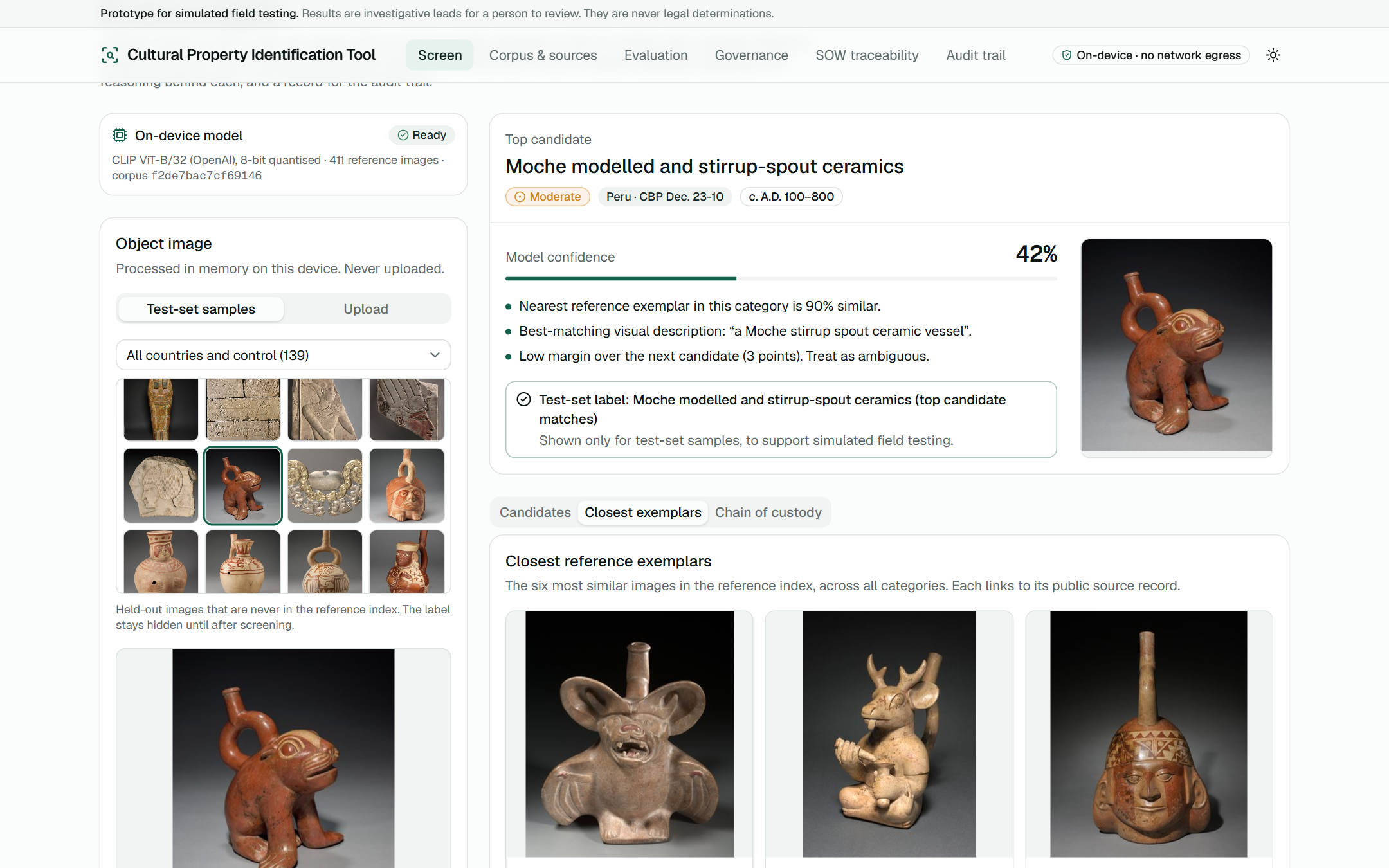 Cultural Property Identification Tool screening a Moche ceramic vessel on-device: top candidate, confidence, rationale and closest reference exemplars